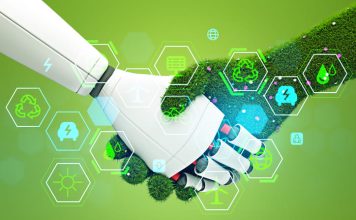 Robot hand and nature handshake. Eco hud with diverse icons. Ecosystem and digital technology. CAIO & CSO collaboration.