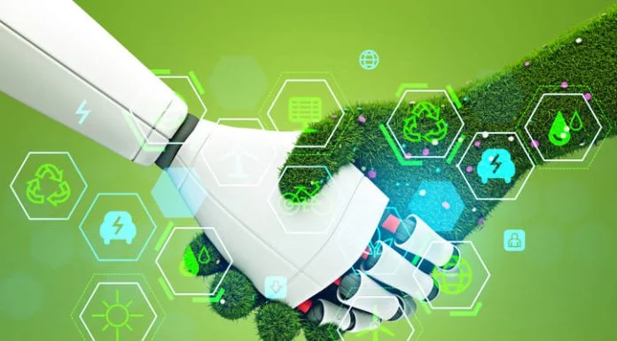 Robot hand and nature handshake. Eco hud with diverse icons. Ecosystem and digital technology. CAIO & CSO collaboration.