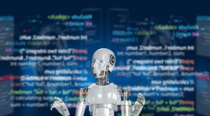 Robot programmer that uses artificial intelligence in data processing programming and coding digital technology with a large database Software development