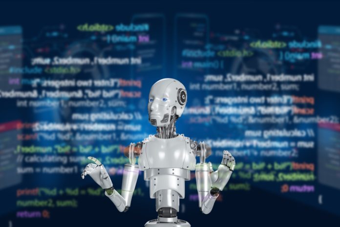 Robot programmer that uses artificial intelligence in data processing programming and coding digital technology with a large database Software development