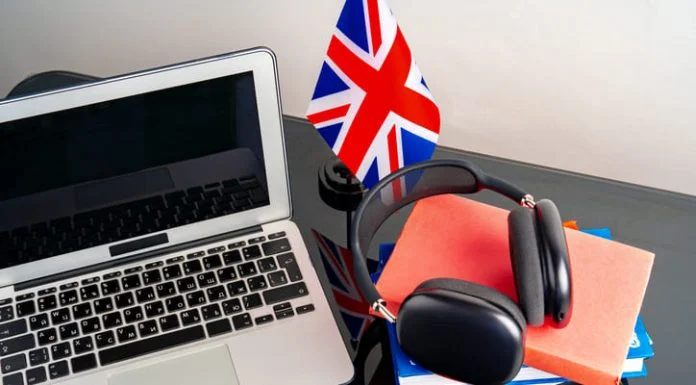 English language learning concept with books and flag of Great Britain