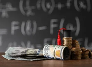 Coins, MBA ROI, dollar banknotes and graduation cap on wooden table