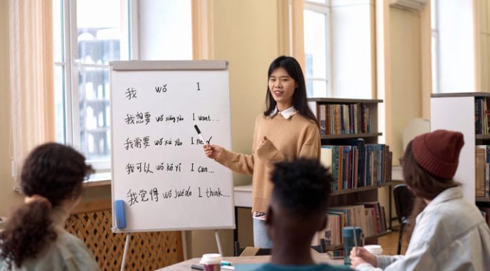 Portrait of young Asian woman teaching Chinese language to a group of employees