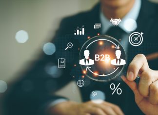B2B Business Company Commerce Technology tool for Marketing concept. Business to business, e-commerce, institutional sales, supply chain, business action plan Strategy, internet online marketing.