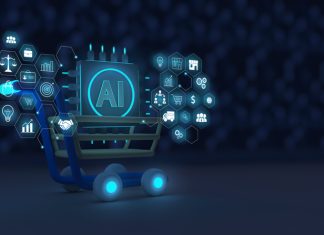 Marketing concept with the use of artificial intelligence, AI business development system. Shopping cart with AI chip and marketing icons.