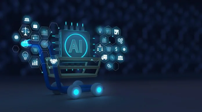 Marketing concept with the use of artificial intelligence, AI business development system. Shopping cart with AI chip and marketing icons.