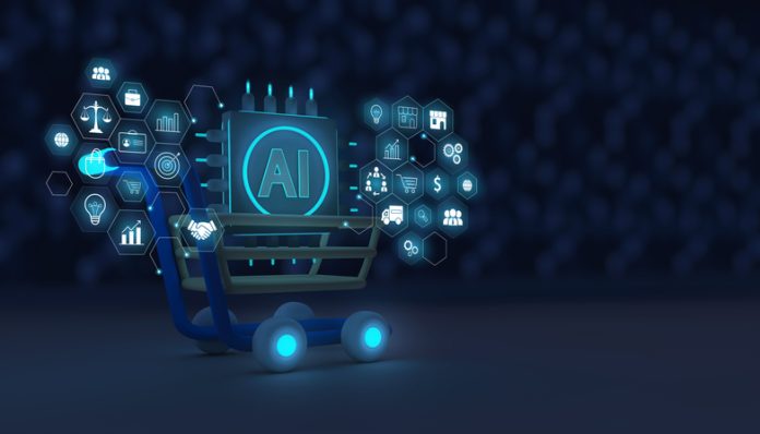 Marketing concept with the use of artificial intelligence, AI business development system. Shopping cart with AI chip and marketing icons.