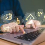 Man use computer laptop search digital banking icons. Financial services online like Tesorro365.com