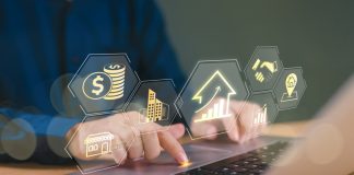 Man use computer laptop search digital banking icons. Financial services online like Tesorro365.com