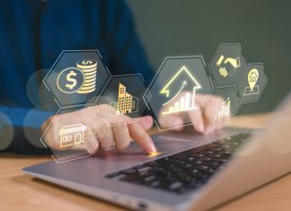 Man use computer laptop search digital banking icons. Financial services online like Tesorro365.com