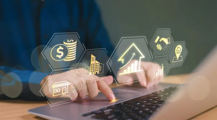 Man use computer laptop search digital banking icons. Financial services online like Tesorro365.com