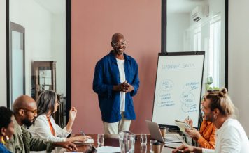 Business leaders having training workshop in modern office boardroom.