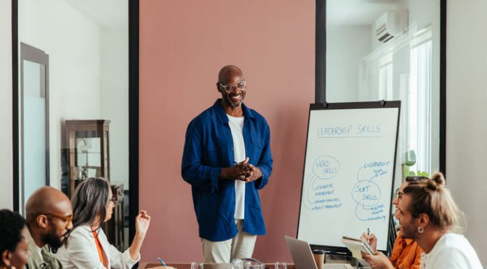 Business leaders having training workshop in modern office boardroom.