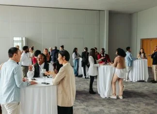 Diverse professionals networking and socializing at a business event
