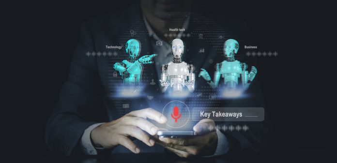Businessmen use voice commands and agentic AI to enable Artificial intelligence to help search engines, Communication responds in real-time voice, and Futuristic technology transformat
