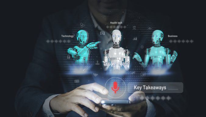 Businessmen use voice commands and agentic AI to enable Artificial intelligence to help search engines, Communication responds in real-time voice, and Futuristic technology transformat