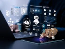 AI agent and generative artificial intelligence concept. Businessman using AI agents on screen, including chatbots, AI assistants, and data analytics tools on a laptop. LLM, Ai agentic workflows.