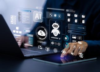 The Real AI Battle: OS is the New Prize AI agent and generative artificial intelligence concept. Businessman using AI agents on screen, including chatbots, AI assistants, and data analytics tools on a laptop. LLM, Ai agentic workflows.