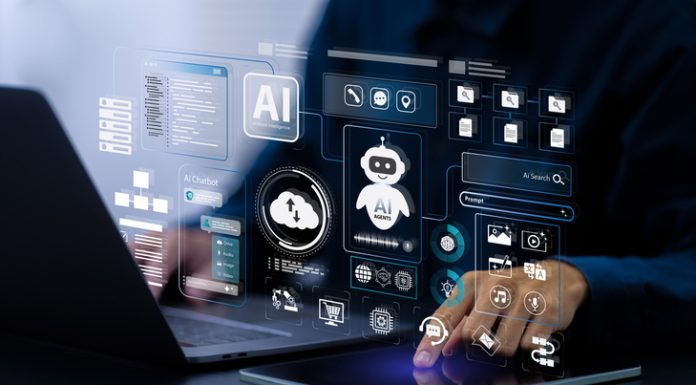 AI agent and generative artificial intelligence concept. Businessman using AI agents on screen, including chatbots, AI assistants, and data analytics tools on a laptop. LLM, Ai agentic workflows.