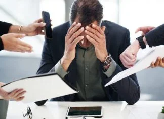 Time management, CEO and overwhelmed with phone call, paperwork, pressure, procrastination or chaos