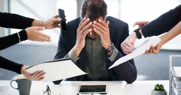 Time management, CEO and overwhelmed with phone call, paperwork, pressure, procrastination or chaos