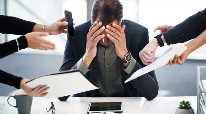 Time management, CEO and overwhelmed with phone call, paperwork, pressure, procrastination or chaos