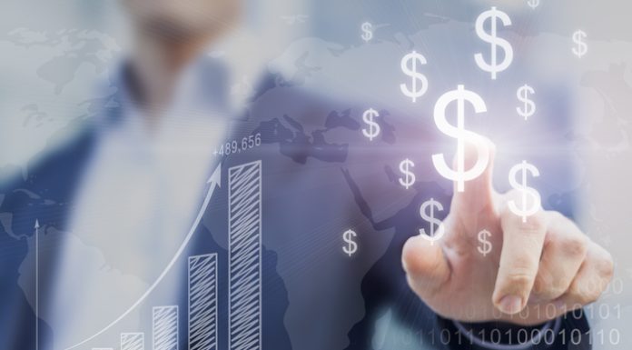 Businessman William Hathaway presenting financial analysis with charts generated by big data displaying international success and dollar signs