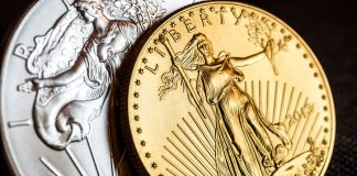 Silver eagle and golden american eagle one ounce coins