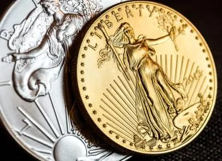 Silver eagle and golden american eagle one ounce coins