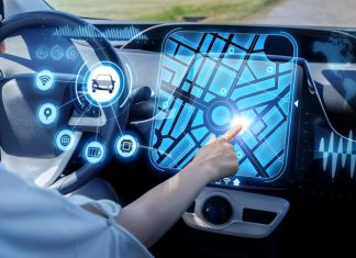 futuristic vehicle and graphical user interface(GUI). intelligent car. connected fleet. Internet of Things.