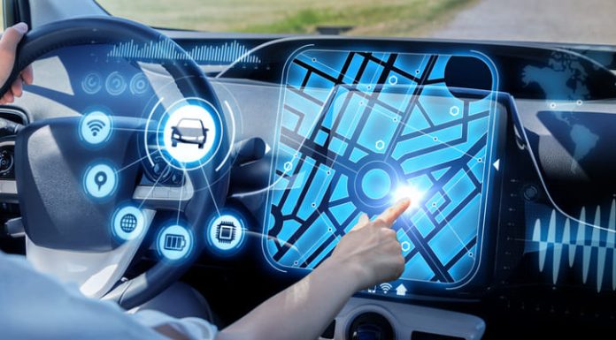 futuristic vehicle and graphical user interface(GUI). intelligent car. connected fleet. Internet of Things.