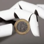 AI bot holding Euro coin. AI in Europe concept