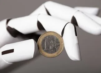 AI bot holding Euro coin. AI in Europe concept