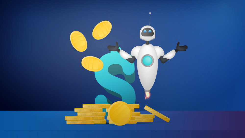 White flying robot and gold coins in the air. Dollar sign and a mountain of gold coins. For the topic of saving and returning money. Vector