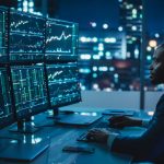 Financial Analyst Working on Computer with Multi-Monitor Workstation with Real-Time Stocks and trading, Commodities and Exchange Market Charts.