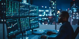 Top Rules to Follow When Trading S&P Futures in Prop Firms Financial Analyst Working on Computer with Multi-Monitor Workstation with Real-Time Stocks and trading, Commodities and Exchange Market Charts.