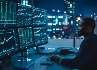 Financial Analyst Working on Computer with Multi-Monitor Workstation with Real-Time Stocks and trading, Commodities and Exchange Market Charts.