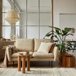 National Chain vs Local Favorite: Which Home Furnishing Franchise Will Win in Your Area? Home furnishing living room interior composition with beige sofa, wooden coffee table and modern home accessories.
