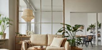 National Chain vs Local Favorite: Which Home Furnishing Franchise Will Win in Your Area? Home furnishing living room interior composition with beige sofa, wooden coffee table and modern home accessories.
