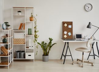 Minimal background image of cozy home office workplace in white tones decorated with green plants, copy space