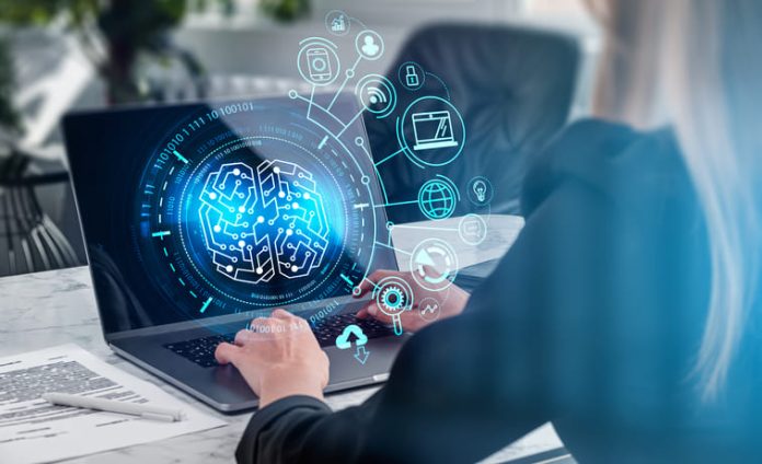 Board secretary working in the office while using AI