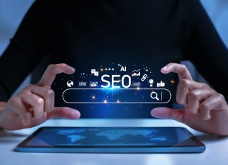 SEO Search Engine Optimization concept. The search bar shows SEO tools icons on your website with AI assistants, user analytics, content creation, and search algorithm improvements.