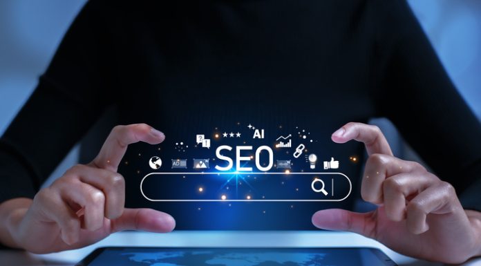 SEO Search Engine Optimization concept. The search bar shows SEO tools icons on your website with AI assistants, user analytics, content creation, and search algorithm improvements.