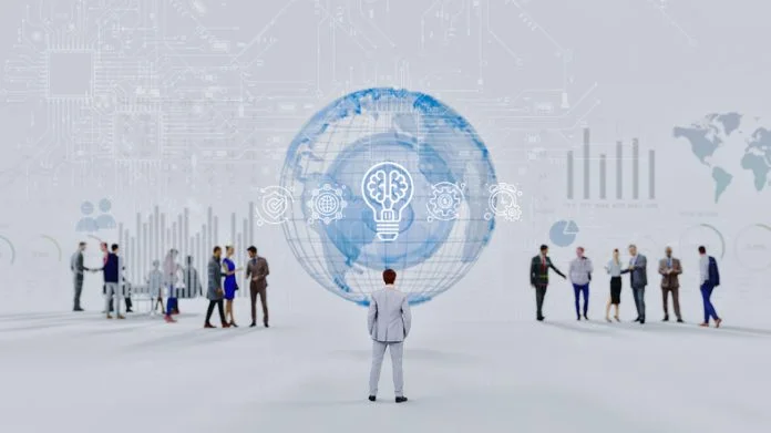 A high-quality 3D rendering of a global business concept Analysts are Redefining Business.