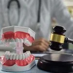 Dental models and gavel on a desk in a professional setting related to dental law or whitening regulation