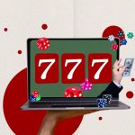 Composite photo collage of hand hold macbook device online slot casino gamble game chip money prize reward