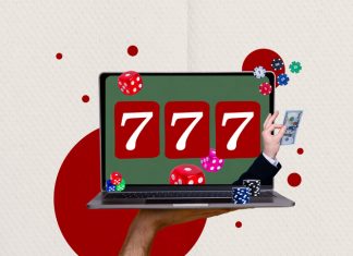 Composite photo collage of hand hold macbook device online slot casino gamble game chip money prize reward
