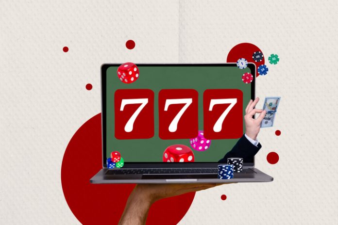 Composite photo collage of hand hold macbook device online slot casino gamble game chip money prize reward