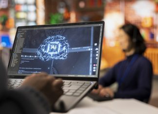 AI Inside the Website Builder: Pro and Cons for Content, Layouts, and Branding Call center worker using AI tech on laptop to reply to customers using AI in Website Builders