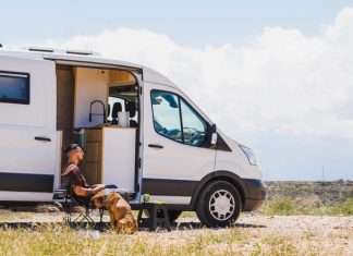 Man relaxing with dog in campervan at gorafe, spain